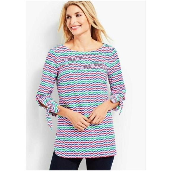 Talbots Tunic Top Colorful Whale Tail Wavy Print Tie‎ Sleeve Popover Blouse XLP - Picture 1 of 8